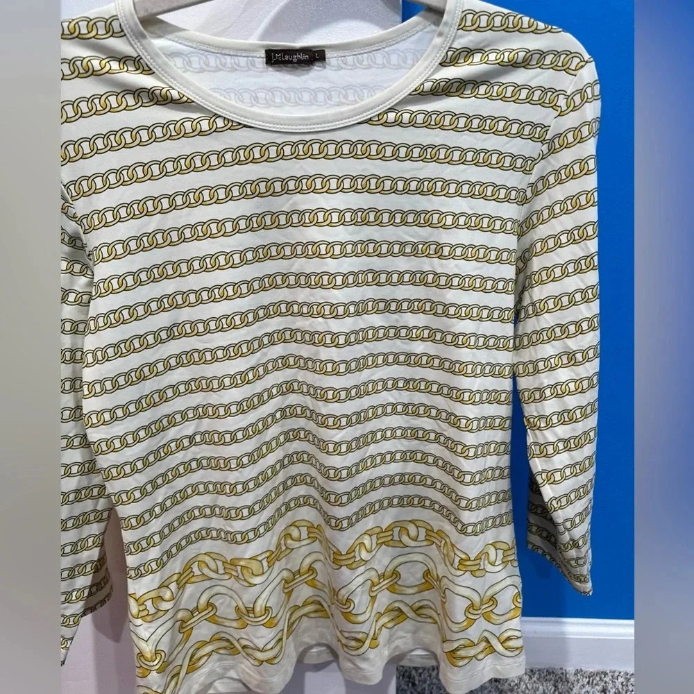 J McLaughlin White and‎ Gold Chain Print Top
